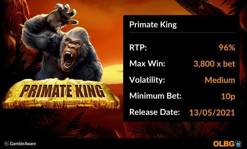 Primate King slot information banner: RTP, max win, volatility, minimum bet and release date