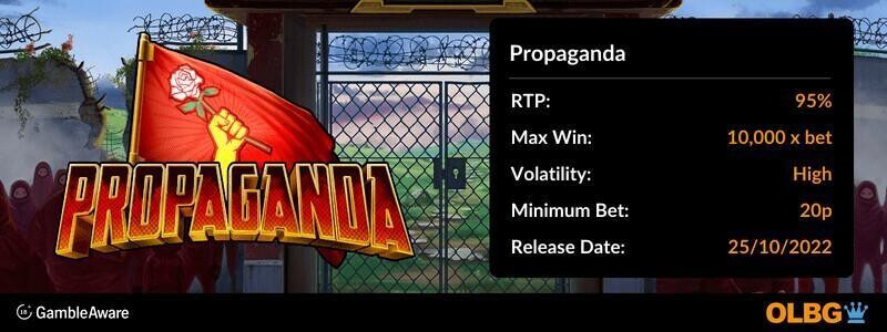 Propaganda slot information banner: RTP, max win, volatility, minimum bet and release date