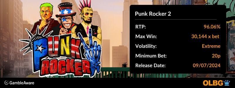 Punk Rocker 2 slot information banner: RTP, max win, volatility, minimum bet and release date