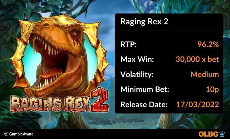 Raging Rex 2 slot information banner: RTP, max win, volatility, minimum bet and release date