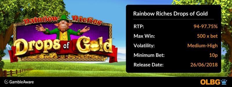 Rainbow Riches Drops of Gold slot information banner: RTP, max win, volatility, minimum bet and release date