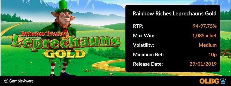 Rainbow Riches Leprechauns Gold slot information banner: RTP, max win, volatility, minimum bet and release date