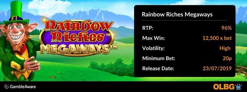 Rainbow Riches Megaways slot information banner: RTP, max win, volatility, minimum bet and release date