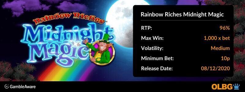 Rainbow Riches Midnight Magic slot information banner: RTP, max win, volatility, minimum bet and release date