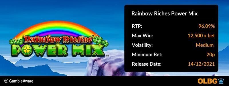Rainbow Riches Power Mix slot information banner: RTP, max win, volatility, minimum bet and release date
