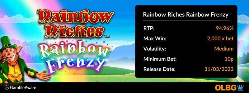 Rainbow Riches Rainbow Frenzy slot information banner: RTP, max win, volatility, minimum bet and release date