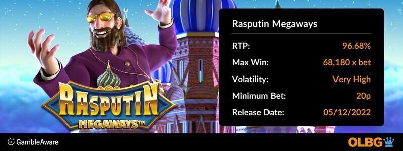 Rasputin Megaways slot information banner: RTP, max win, volatility, minimum bet and release date