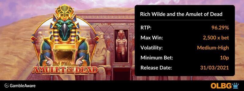 Rich Wilde and the Amulet of Dead slot information banner: RTP, max win, volatility, minimum bet and release date