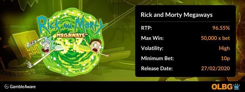 Rick and Morty Megaways slot information banner: RTP, max win, volatility, minimum bet and release date