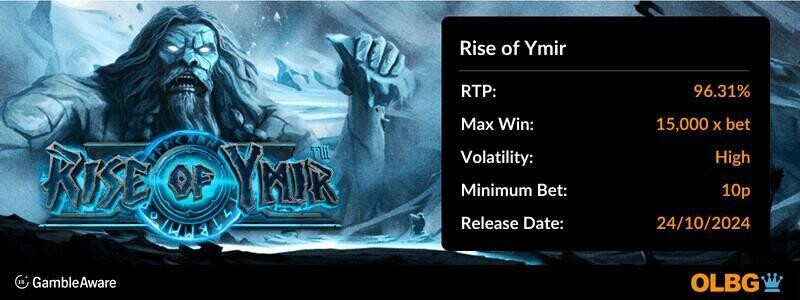 Rise of Ymir slot information banner: RTP, max win, volatility, minimum bet and release date