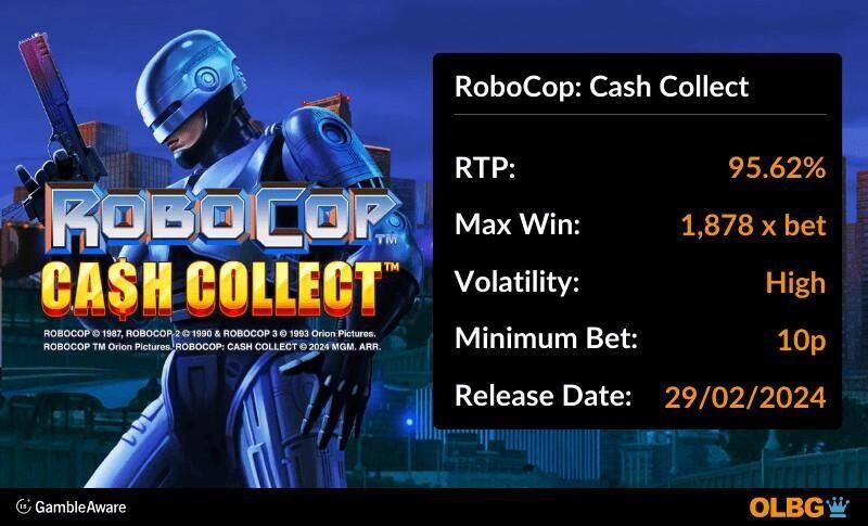 RoboCop: Cash Collect slot information banner: RTP, max win, volatility, minimum bet and release date