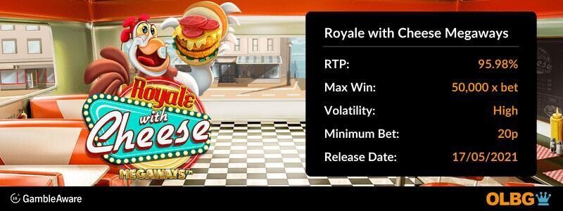 Royale with Cheese Megaways slot information banner: RTP, max win, volatility, minimum bet and release date