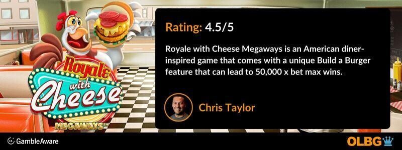 Royale with Cheese Megaways slot OLBG rating banner