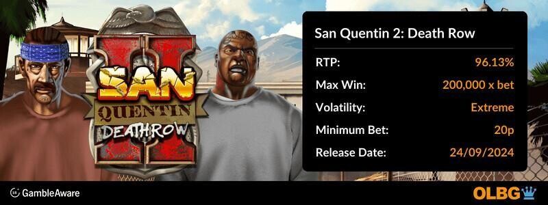 San Quentin 2: Death Row slot information banner: RTP, max win, volatility, minimum bet and release date