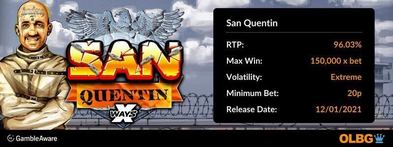 San Quentin slot information banner: RTP, max win, volatility, minimum bet and release date