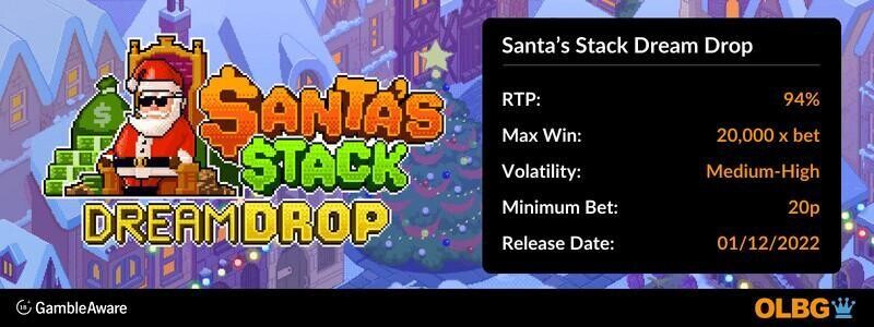Santa's Stack Dream Drop slot information banner: RTP, max win, volatility, minimum bet and release date