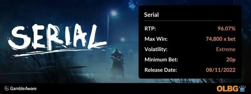 Serial slot information banner: RTP, max win, volatility, minimum bet and release date
