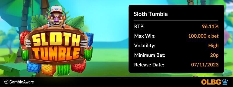 Sloth Tumble slot information banner: RTP, max win, volatility, minimum bet and release date