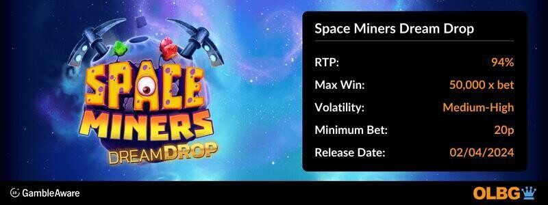Space Miners Dream Drop slot information banner: RTP, max win, volatility, minimum bet and release date