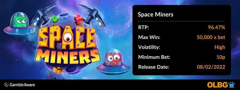 Space Miners slot information banner: RTP, max win, volatility, minimum bet and release date