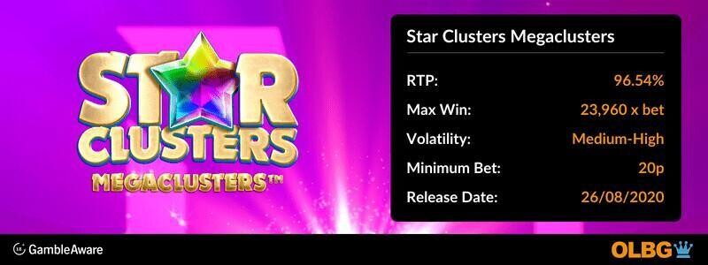 Star Clusters Megaclusters slot information banner: RTP, max win, volatility, minimum bet and release date