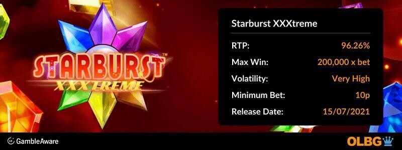 Starburst XXXtreme slot information banner: RTP, max win, volatility, minimum bet and release date