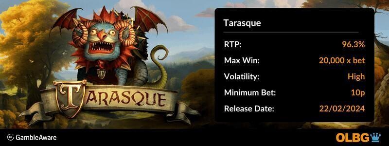 Tarasque slot information banner: RTP, max win, volatility, minimum bet and release date