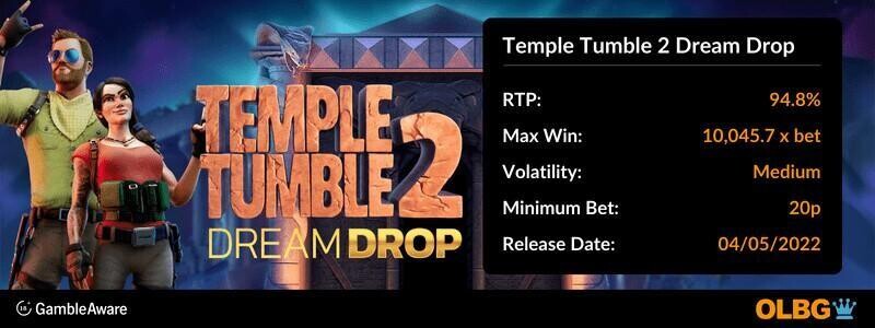 Temple Tumble 2 Dream Drop slot information banner: RTP, max win, volatility, minimum bet and release date