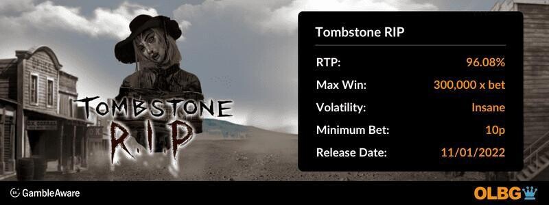 Tombstone RIP slot information banner: RTP, max win, volatility, minimum bet and release date