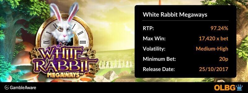 White Rabbit Megaways slot information banner: RTP, max win, volatility, minimum bet and release date