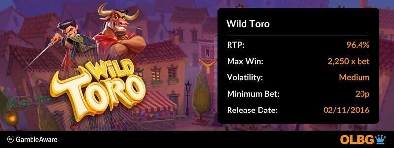 Wild Toro slot information banner: RTP, max win, volatility, minimum bet and release date