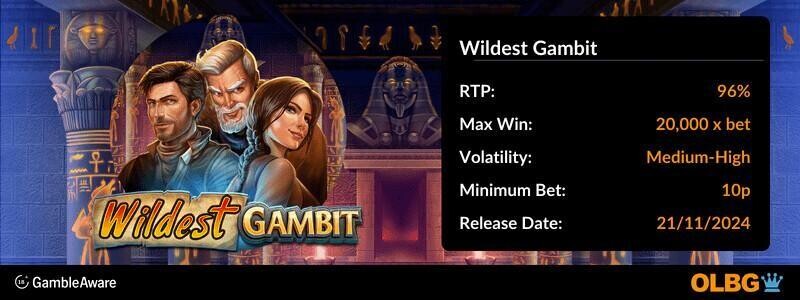 Wildest Gambit slot information banner: RTP, max win, volatility, minimum bet and release date
