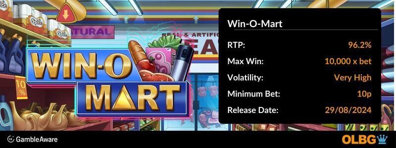 Win-O-Mart slot information banner: RTP, max win, volatility, minimum bet and release date