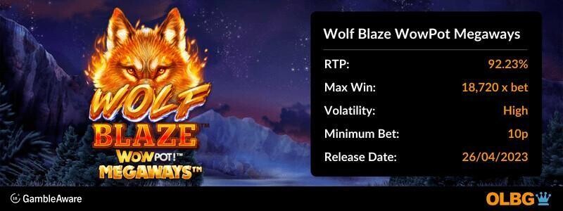 Wolf Blaze WowPot Megaways slot information banner: RTP, max win, volatility, minimum bet and release date