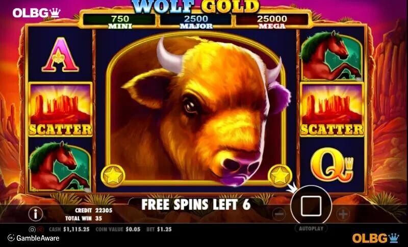 screen showing wolf gold free spins feature