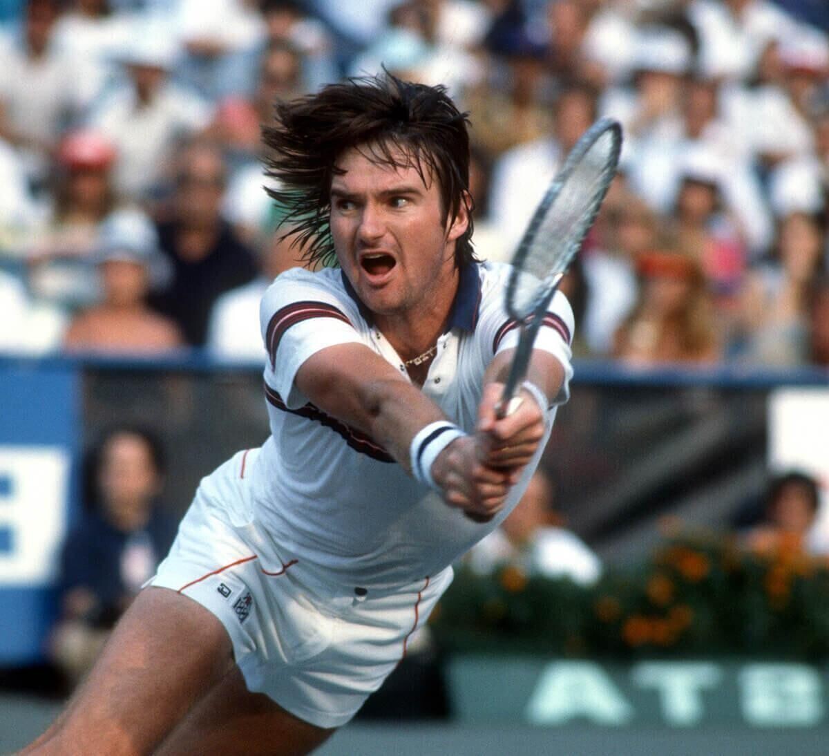 Jimmy Connors reaching for a backhand volley during the 1982 US Open at Flushing Meadows