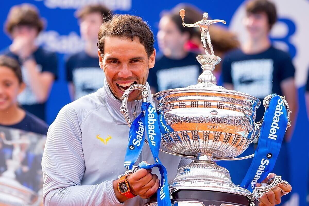 Rafa Nadal celebrates the victory at the ATP Barcelona Open Banc Sabadell Conde de Godo tournament on April 29, 2018 in Barcelona, Spain.