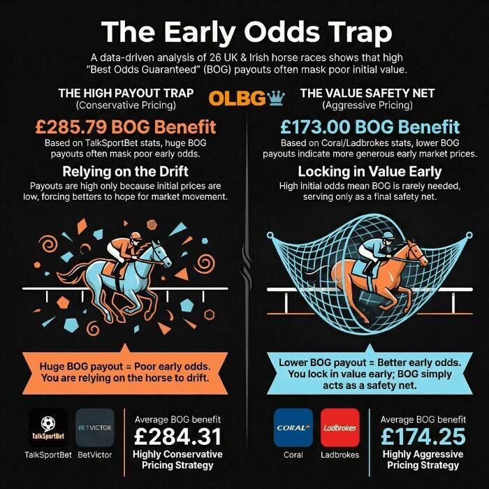A square infographic titled 'The Early Odds Trap' comparing two different early pricing strategies from bookmakers. The left side, highlighted in red, shows TalkSportBet with a £285.79 BOG benefit, accompanied by text explaining that a huge BOG payout indicates poor early odds where bettors rely on the horse to drift . The right side, highlighted in green, shows Coral and Ladbrokes with a lower £173.00 BOG benefit, explaining that a lower BOG payout actually means better, highly aggressive early odds, allowing bettors to lock in value early while BOG simply acts as a safety net