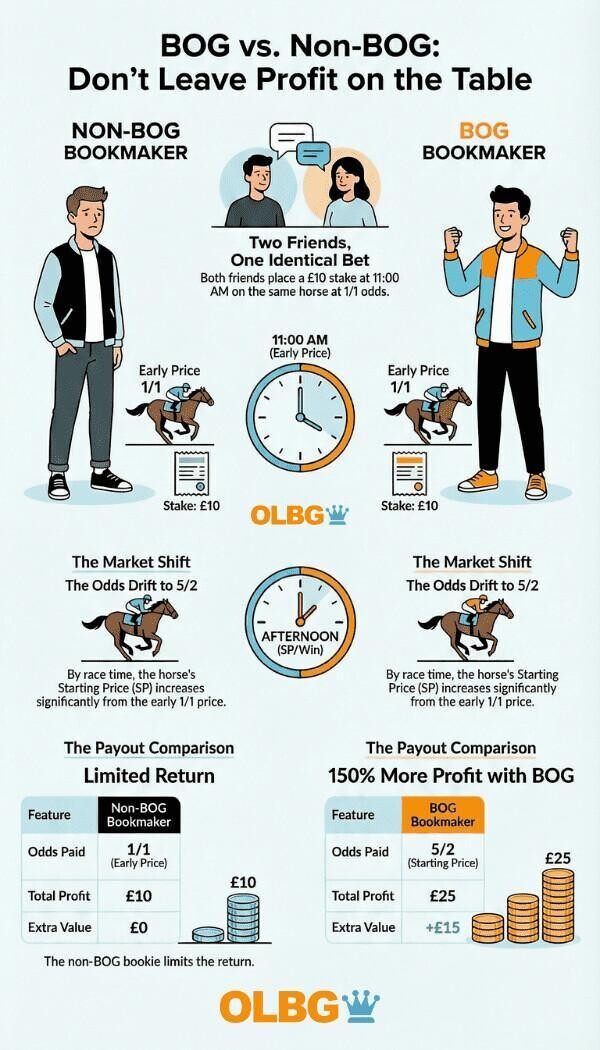 A portrait infographic designed in OLBG brand colors of black, orange, and light blue, illustrating a Best Odds Guaranteed (BOG) betting scenario . It features a side-by-side comparison of a £10 bet placed at an early price of 1/1 where the horse drifts to a Starting Price of 5/2 . The graphic shows the non-BOG bettor walking away with just a £10 profit, while the BOG bettor secures a maximized £25 profit, highlighting the financial advantage of the promotion