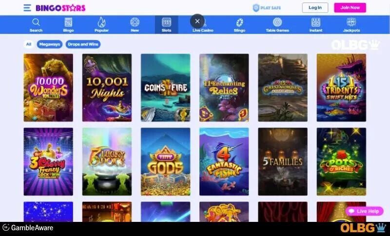 bingostars site review slots tab screenshot