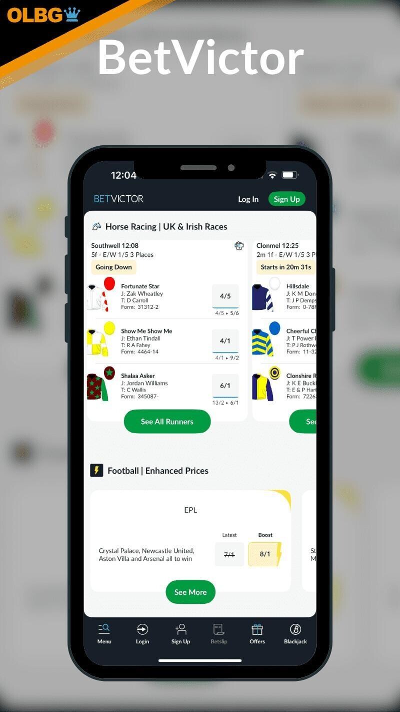 Screenshot of the BetVictor mobile app.