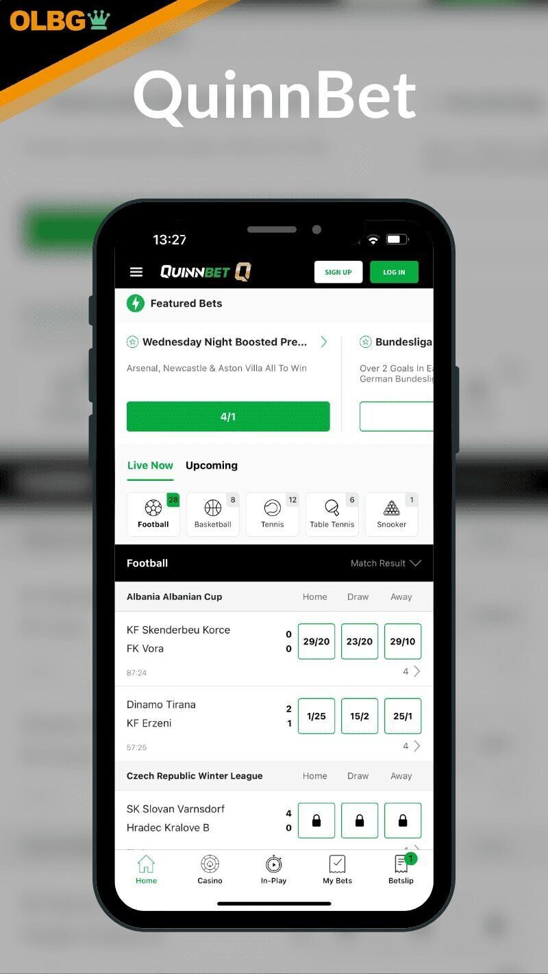 Screenshot of the QuinnBet mobile app.