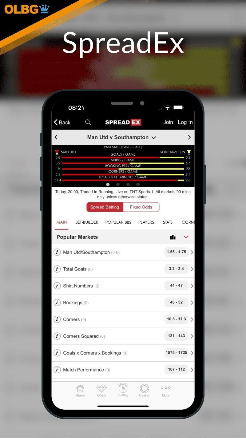 Screenshot of the SpreadEx sportsbook online app