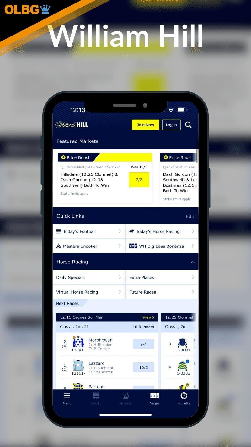 Screenshot of the William Hill mobile app.