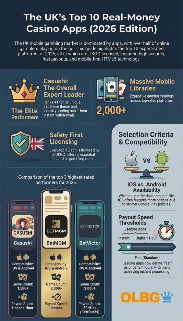 A portrait infographic listing the top 10 real-money UK casino apps for 2026. The list ranks Casushi at number one, followed by BetMGM, LottoGo, Hot Streak, MrQ, Midnite, Pub Casino, All British Casino, 32Red, and BetVictor . The chart compares platform compatibility for iOS and Android, game counts ranging from 1,000 to over 2,000, and highlights apps with fast or instant payout speeds.