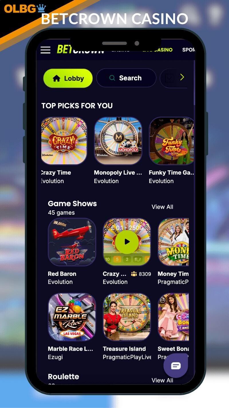 A mobile view of the BetCrown Casino live casino section