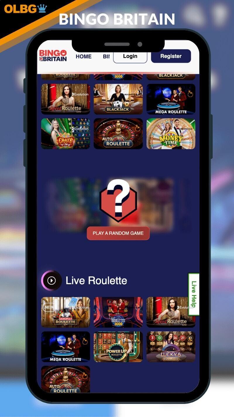 A mobile screenshot of Bingo Britain's live casino section
