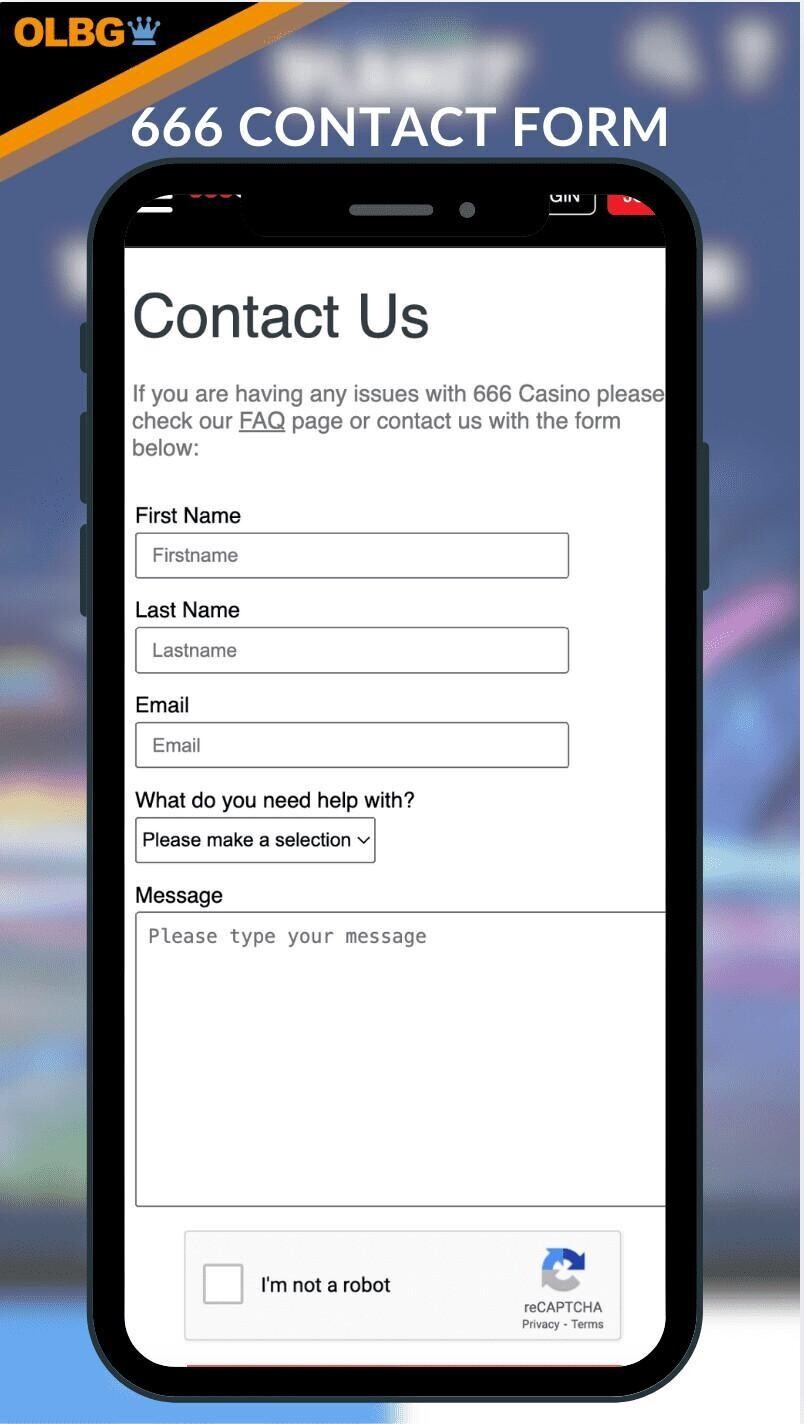 Customer support contact form at 666 Casino