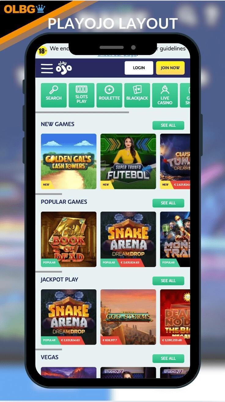 The layout and game titles at PlayOJO