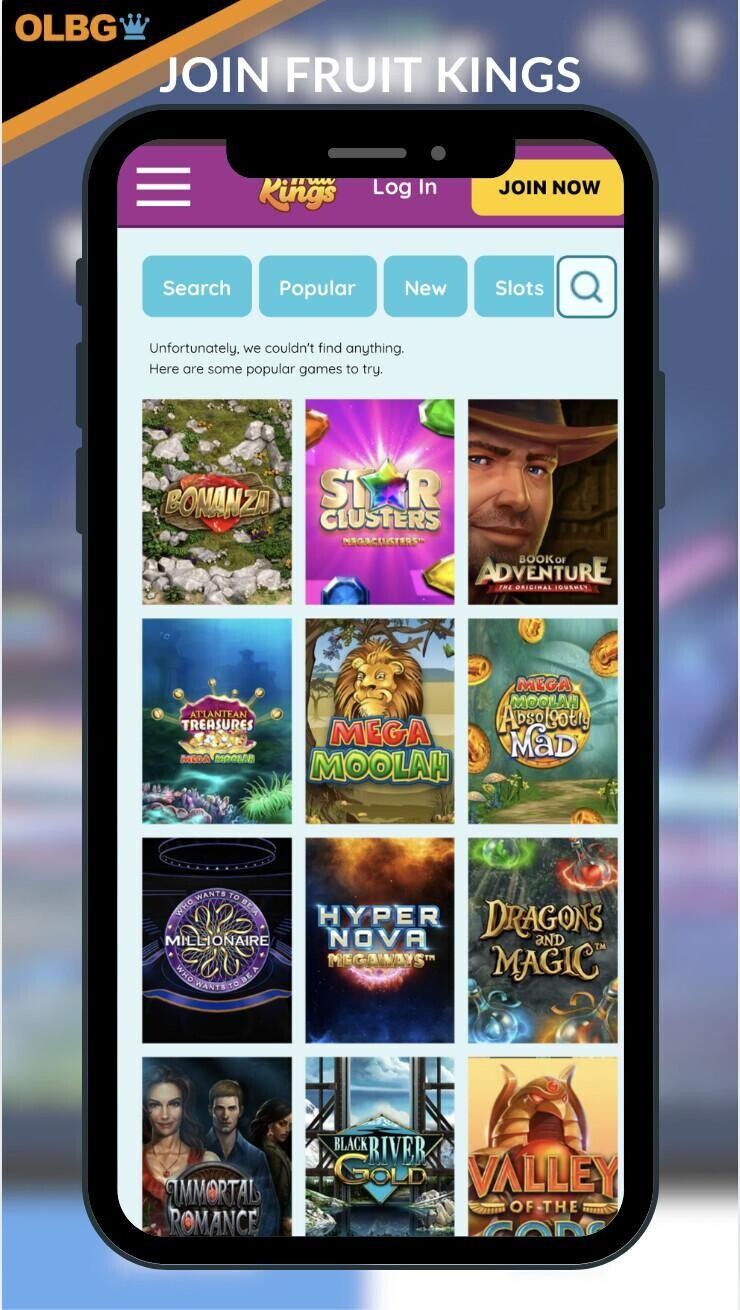 The main menu of Fruit Kings Casino with the 'Join Now' button visible